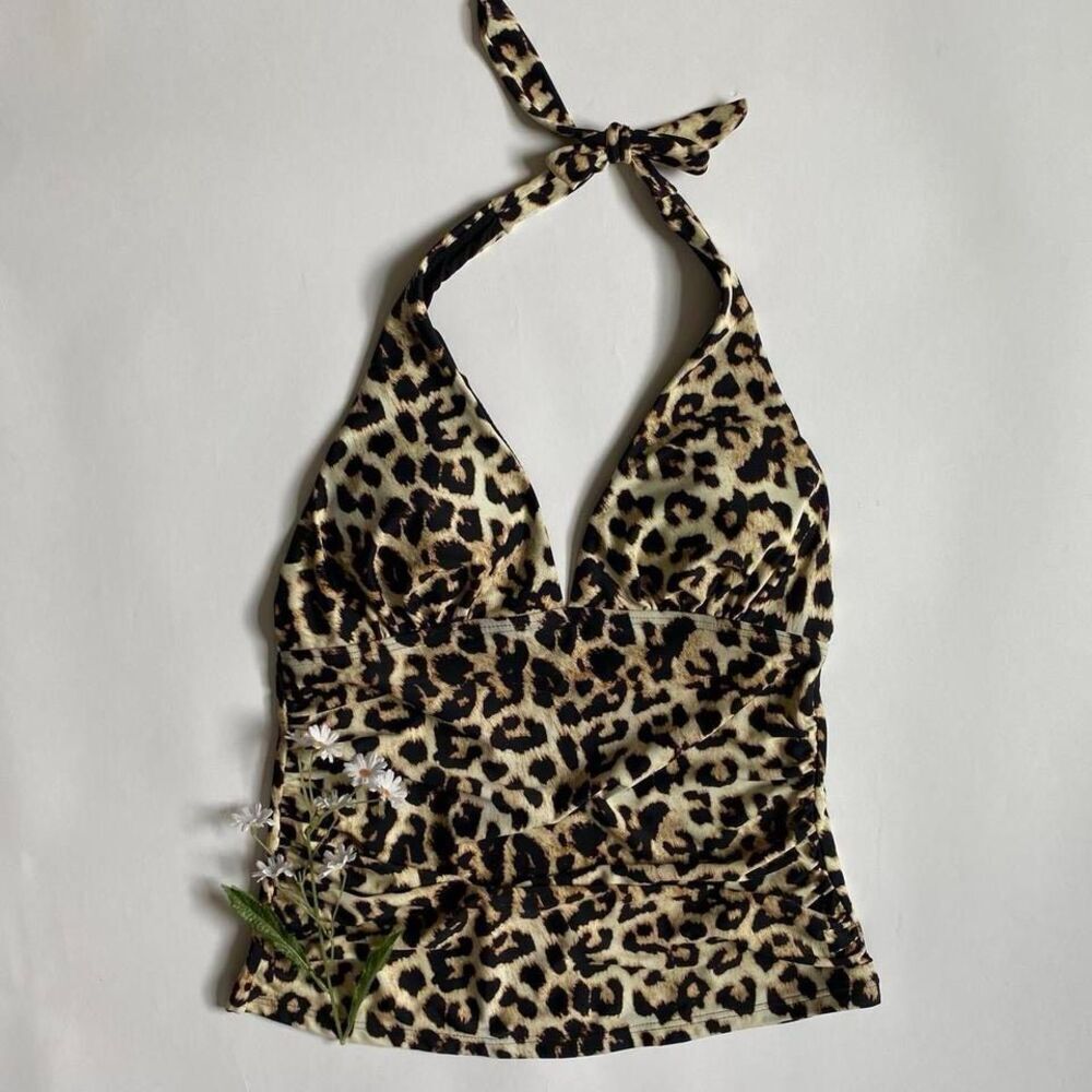 Y2K leopard print halter swim top